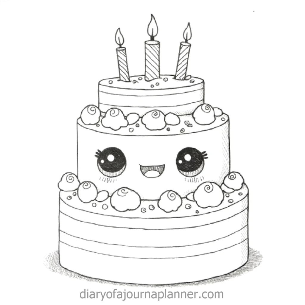 Cute cartoon birthday cake with smiling face, three candles, and decorative frosting. Black and white illustration.