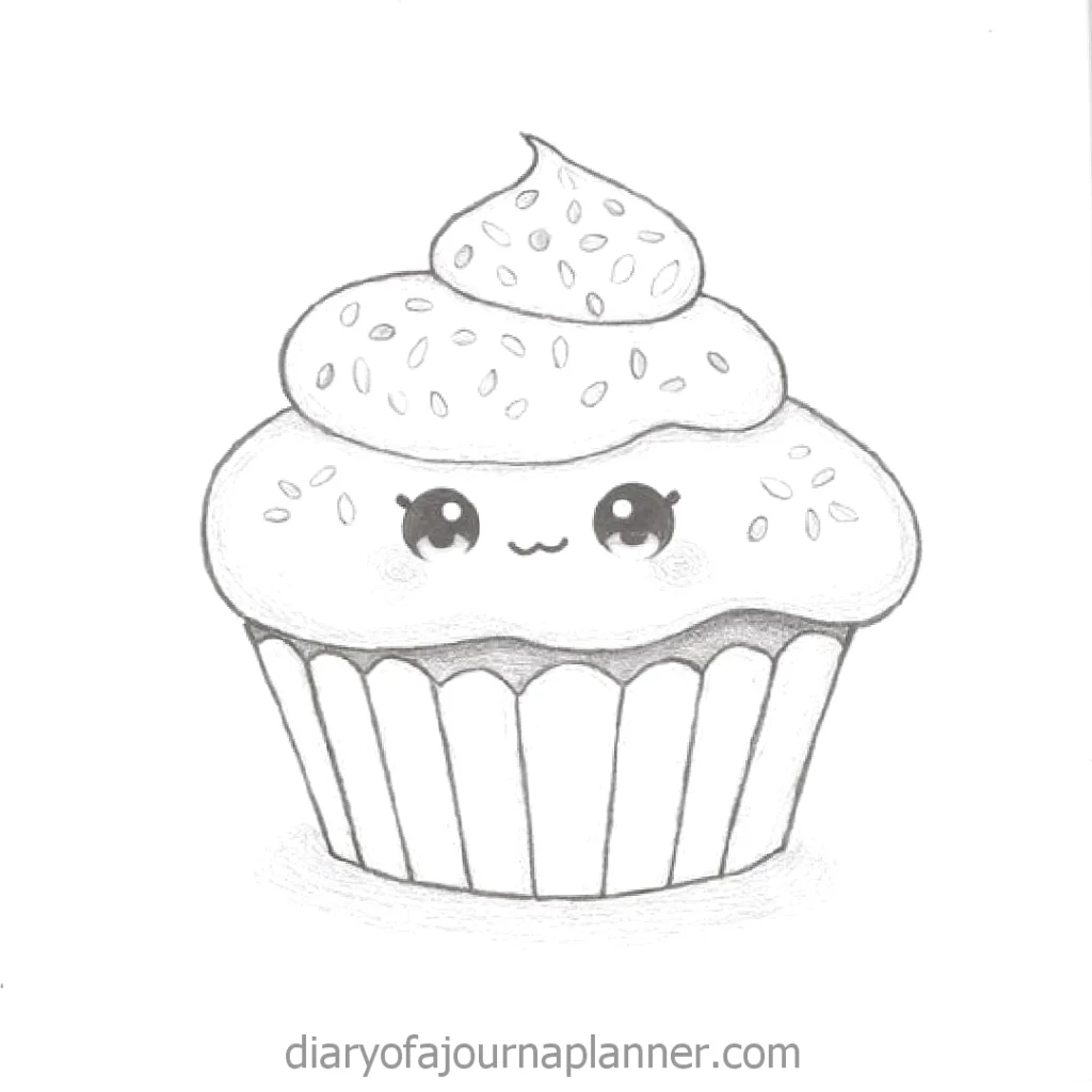 Cute smiling cupcake drawing with sprinkles and big eyes, perfect for dessert-themed illustrations or kawaii art.