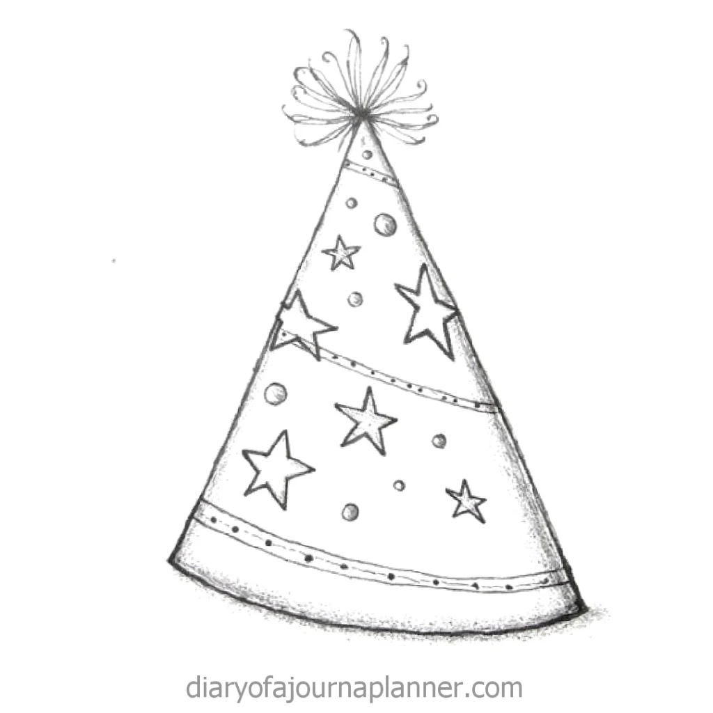 Sketch of a party hat with star decorations and pom-pom on top, perfect for birthday celebration themes.