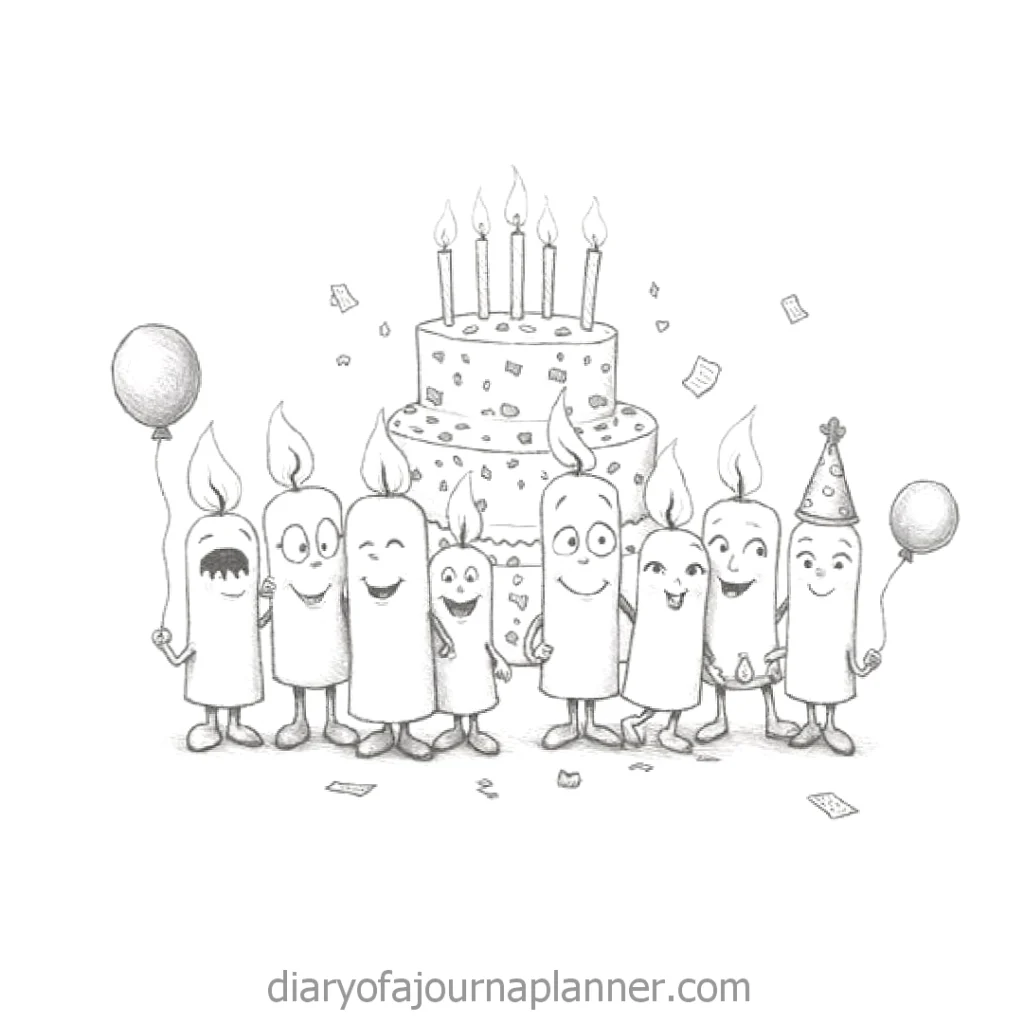 Cartoon candles celebrating a birthday with a cake, balloons, and party hats.