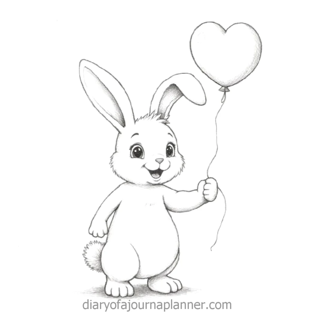Cute bunny holding a heart-shaped balloon, sketch drawing. Perfect for playful, whimsical designs and themes.