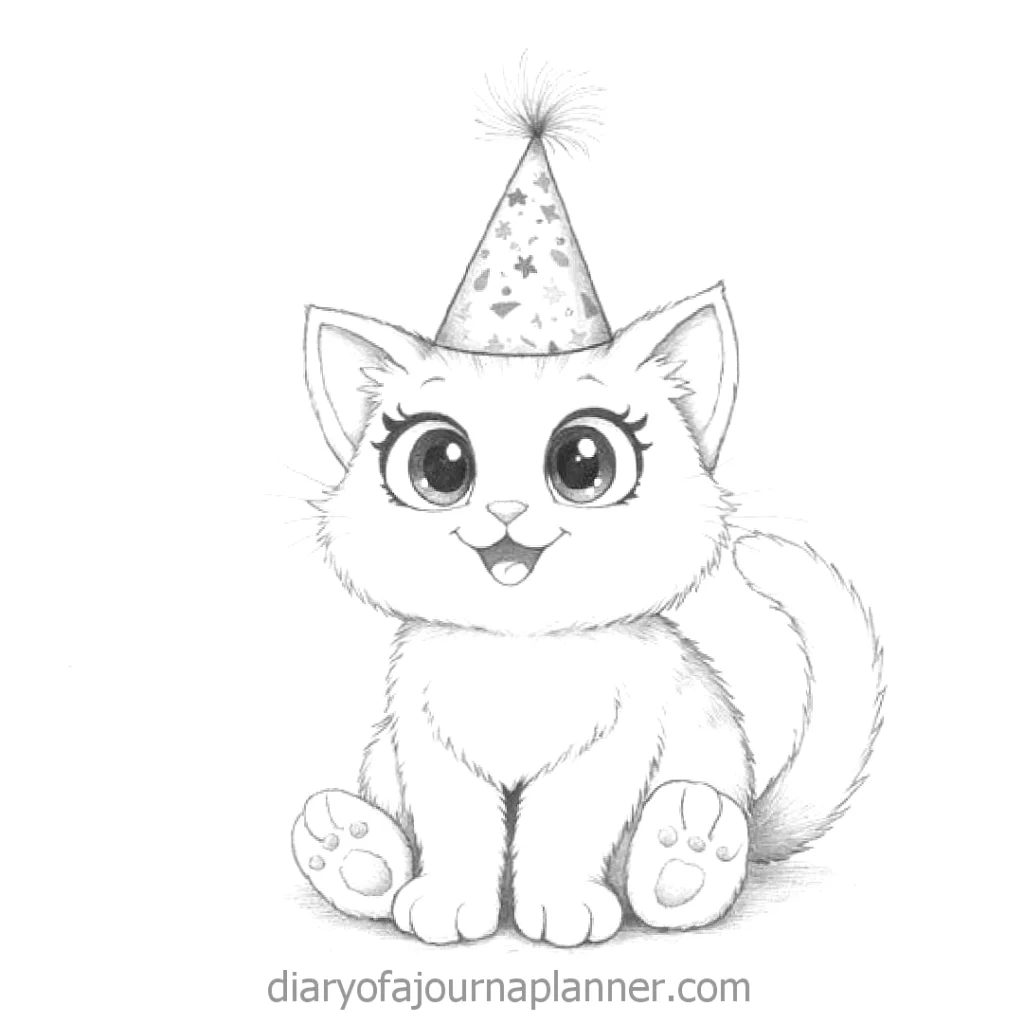 Cute cartoon cat wearing a festive party hat, smiling. Black and white sketch.
