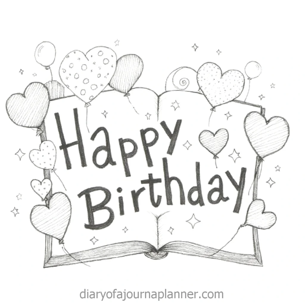 Hand-drawn birthday card with hearts and balloons, featuring Happy Birthday text. Perfect for celebrations and greetings.