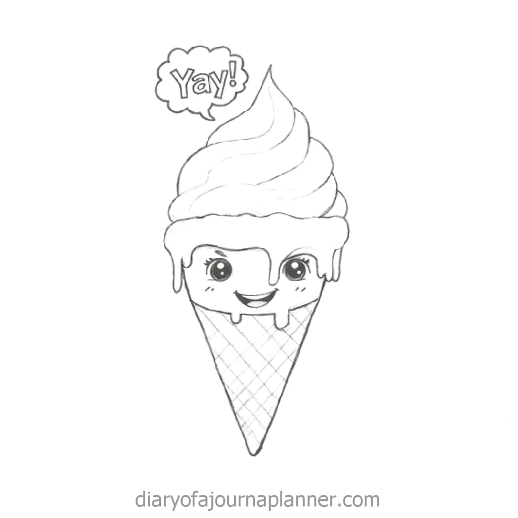 Smiling ice cream cone with face saying Yay! in speech bubble, celebrating happiness. Black and white drawing.