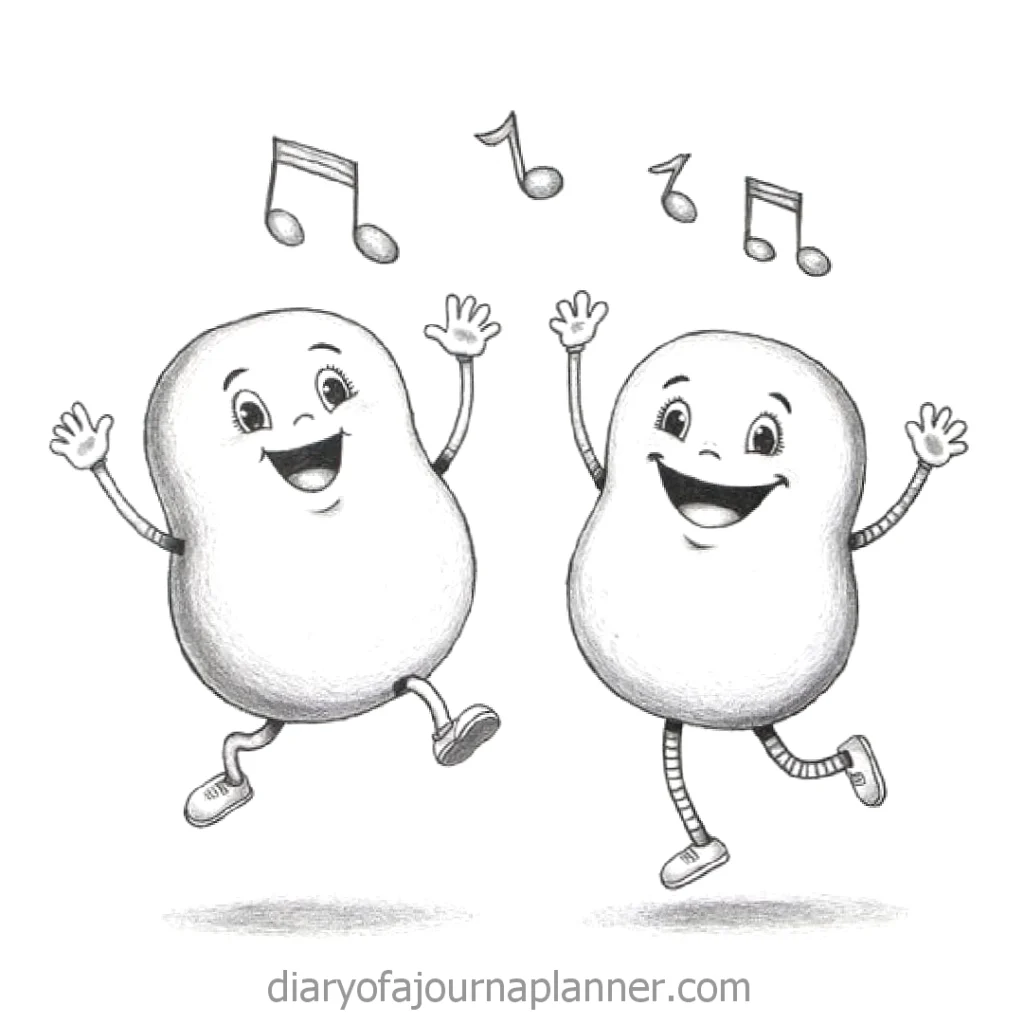 Two cheerful cartoon beans dancing with musical notes above. Black and white sketch. Fun and playful vibe.