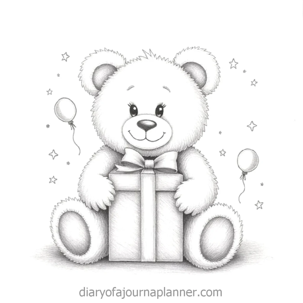 Cute teddy bear holding gift box, surrounded by balloons and stars. Perfect for celebrations or children's themes.