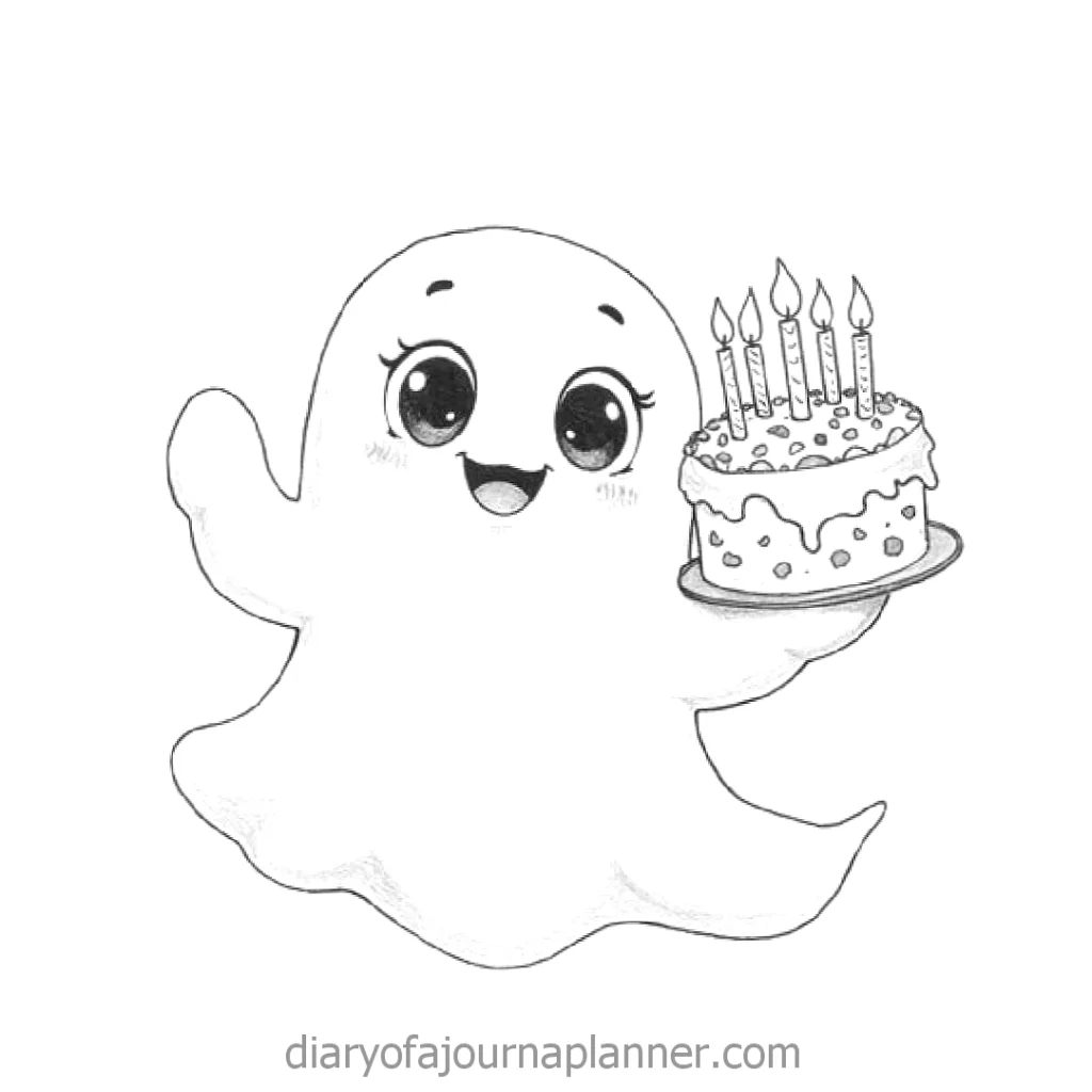 Cute smiling ghost holding a birthday cake with candles, celebrating in a joyful doodle.