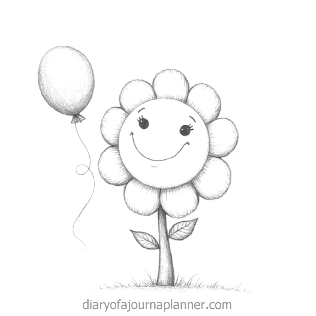 Happy flower with a smile and a balloon, whimsical illustration ideal for cheerful content and uplifting designs.