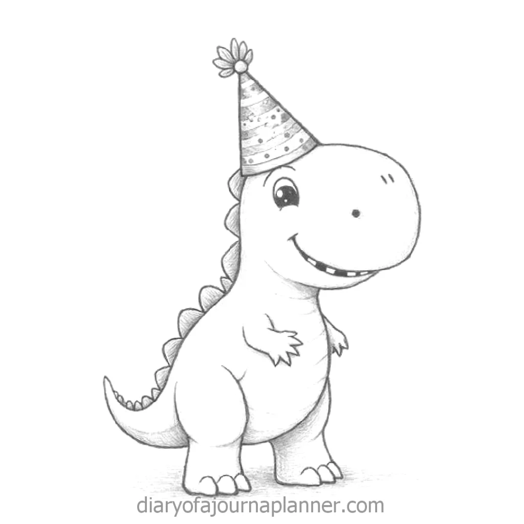 Cute sketch of a smiling dinosaur wearing a festive party hat.