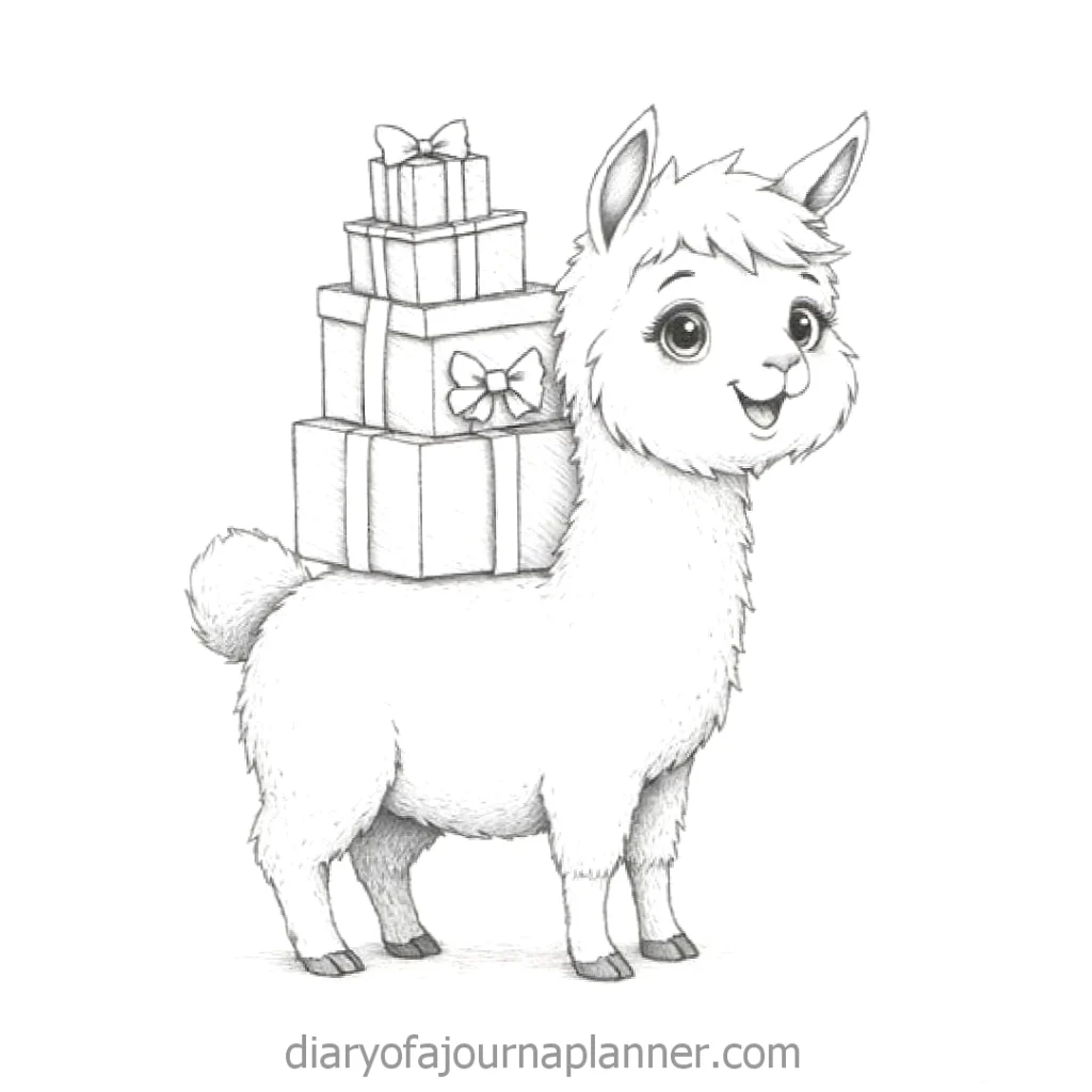 Cute llama with gifts on its back, sketch illustration, whimsical holiday design.