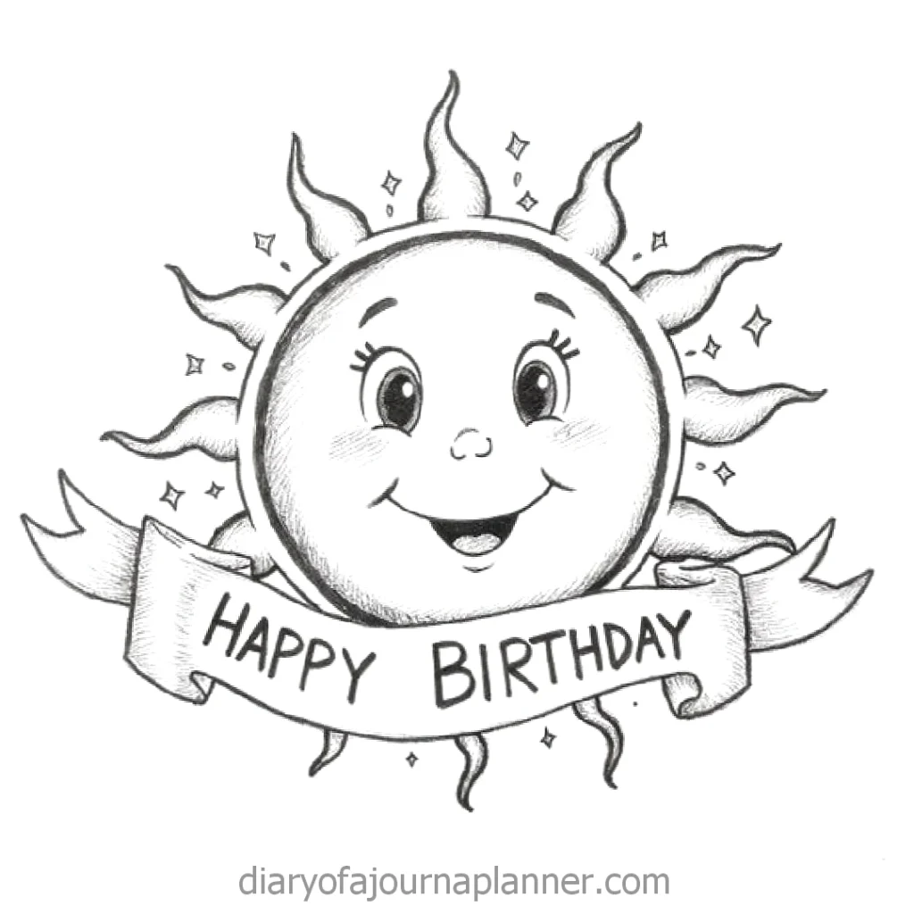 Smiling sun with Happy Birthday banner and stars, perfect for a cheerful birthday card.