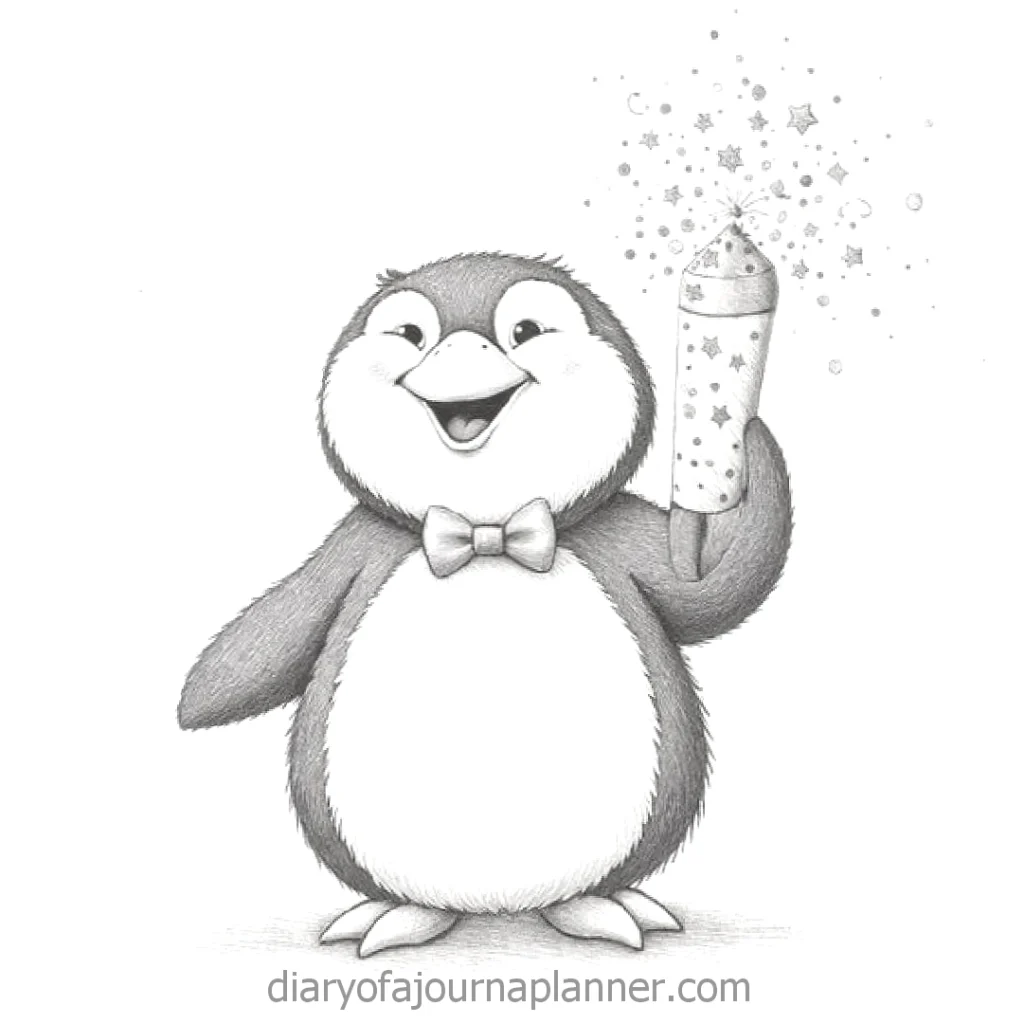 Cute penguin in a bow tie holding a sparkling ice cream cone, surrounded by stars and sparkles.