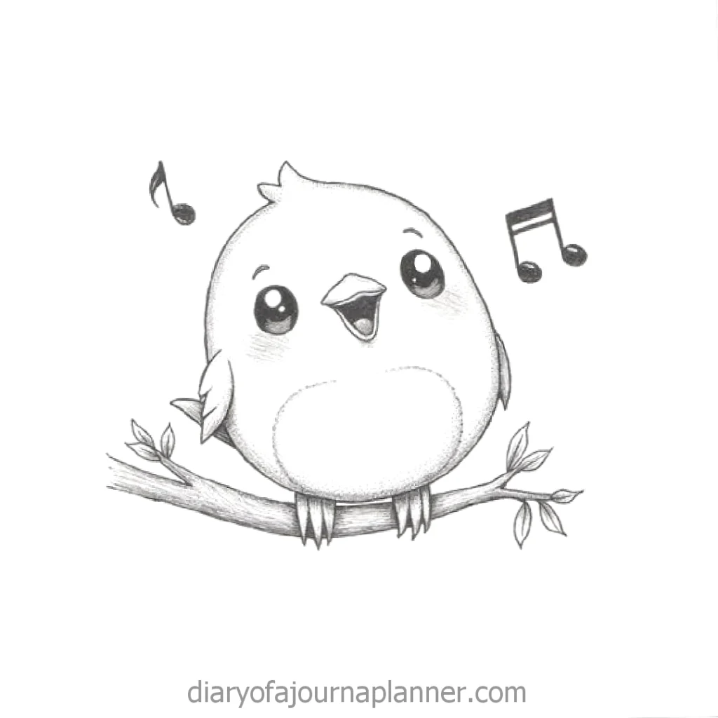 Cute cartoon bird singing on a branch, with musical notes above. Sketch illustration.