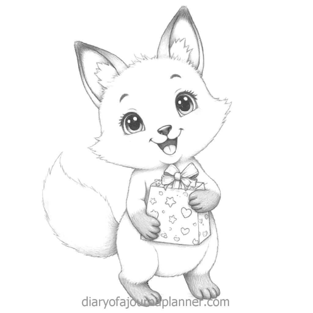 Cute cartoon fox holding a gift box with ribbon and star patterns, grayscale illustration.