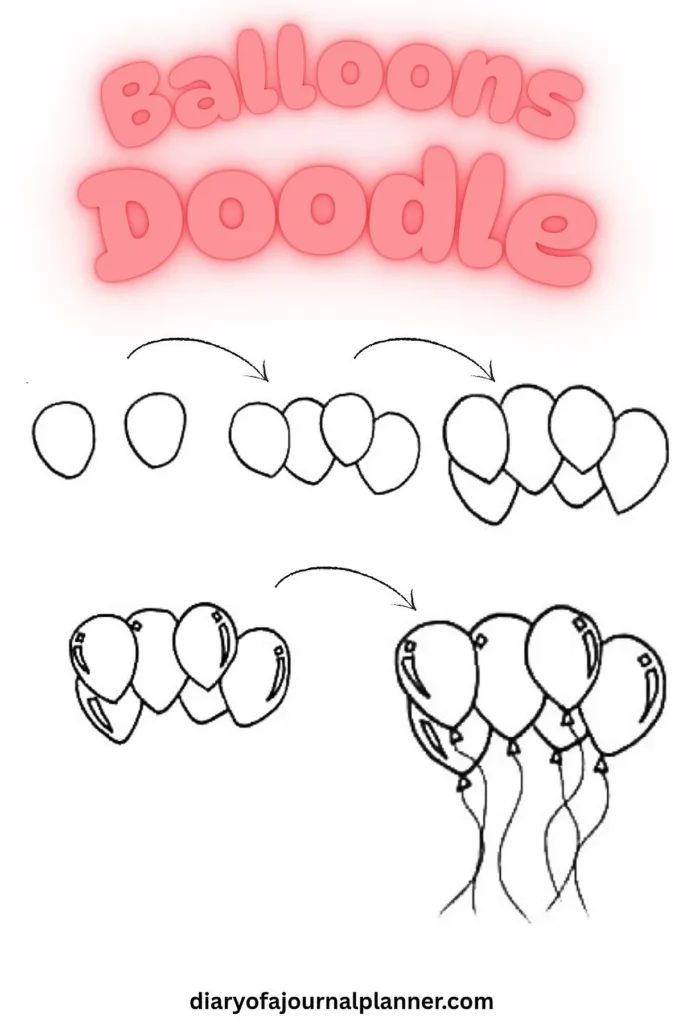 Step-by-step doodle guide for drawing balloons with outlines and details. Easy tutorial for beginners.