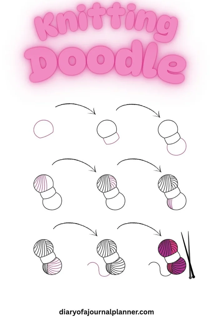 Step-by-step guide for drawing knitting yarn doodle, with knitting needles and labeled steps.