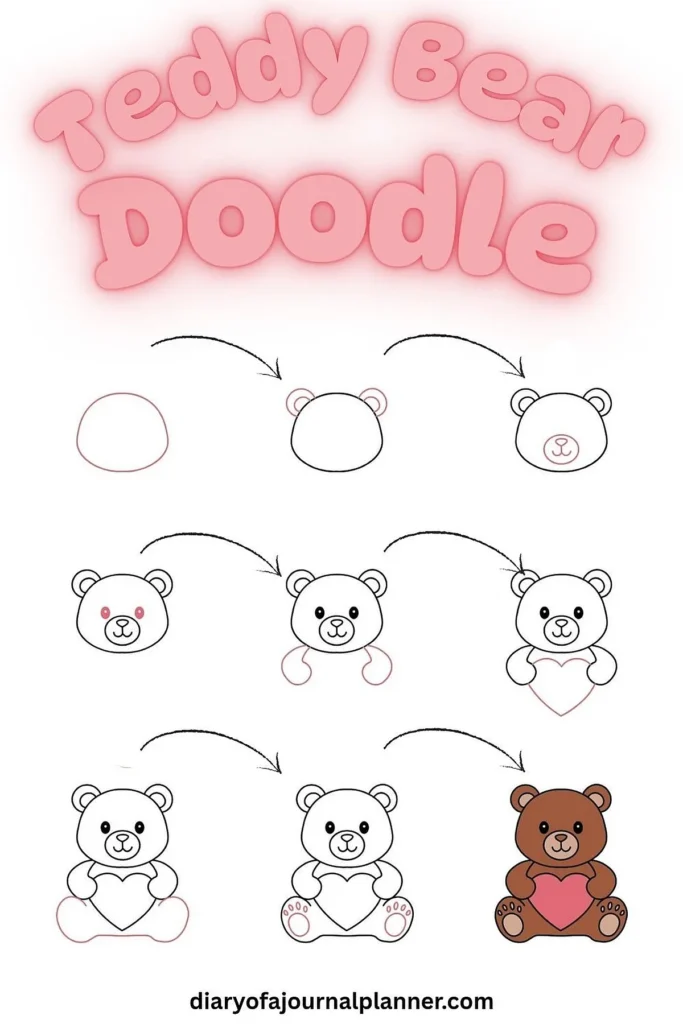 Teddy bear doodle step-by-step guide with heart. Easy drawing instructions for beginners.