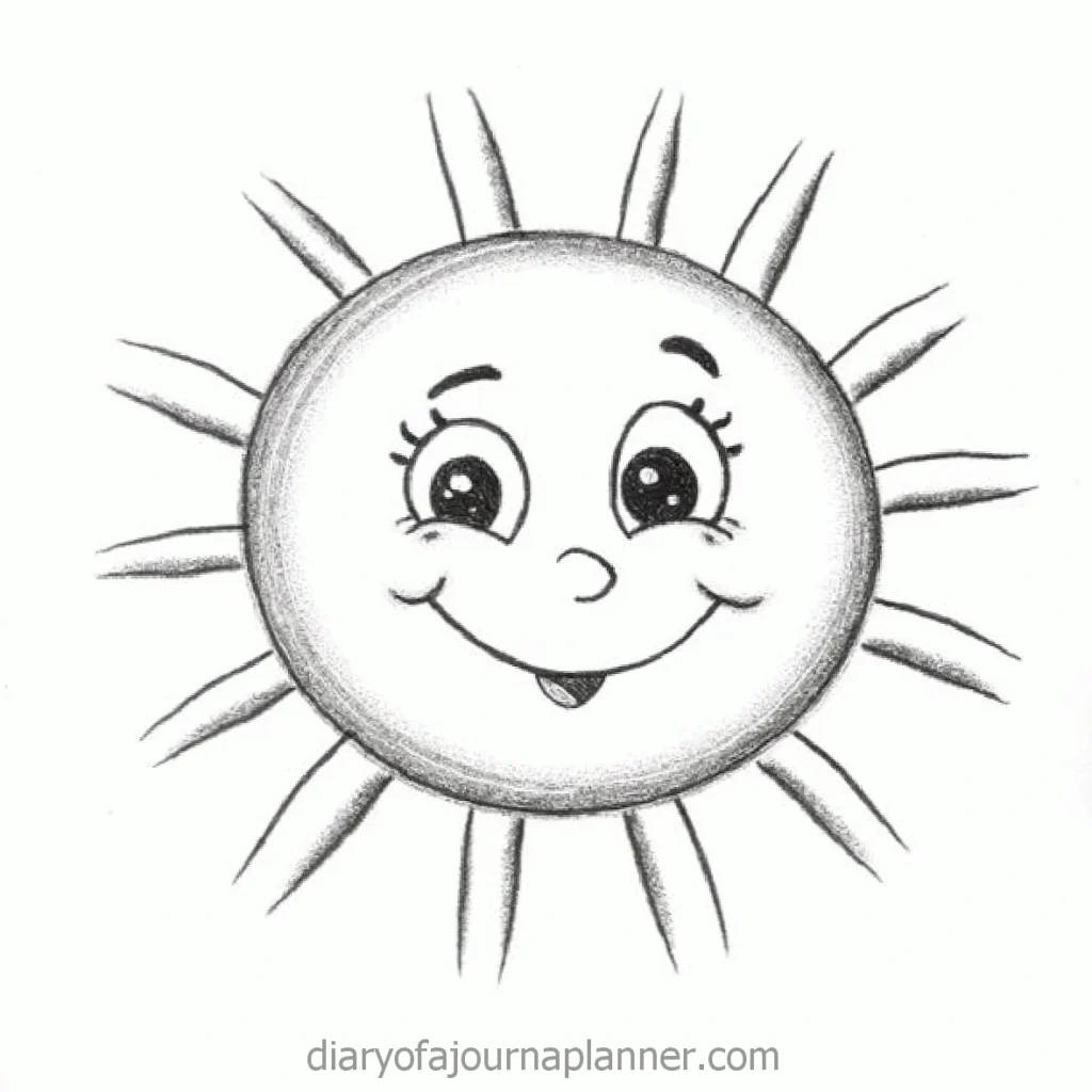 Easy daily doodle, Smiling sun with sun rays, cartoon-style, black and white sketch. Perfect for a cheerful, kid-friendly design.