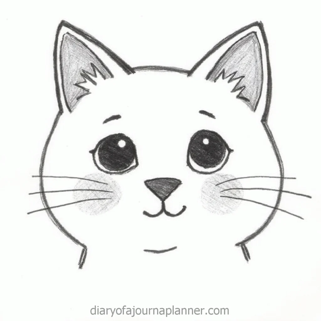 Cute cartoon cat face sketch with big eyes and whiskers, drawn in pencil.