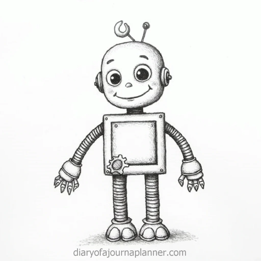 Cute cartoon robot with antennas and a big smile, standing on a plain background.