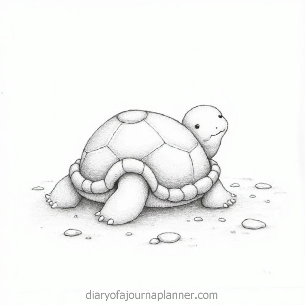 Cute hand-drawn turtle on a blank background, surrounded by small pebbles. Perfect for children's illustration.