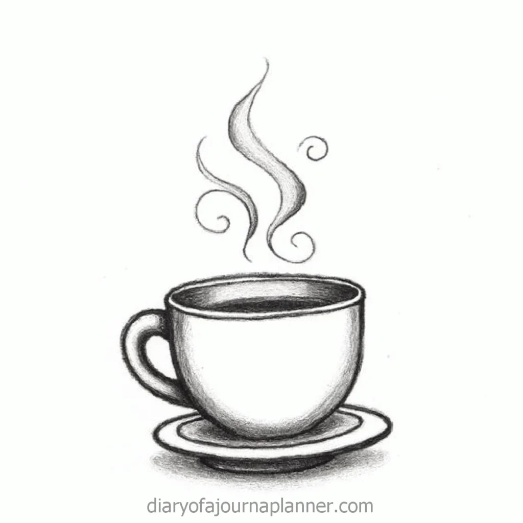 Pencil sketch of a steaming coffee cup on a saucer, illustrating warmth and relaxation.