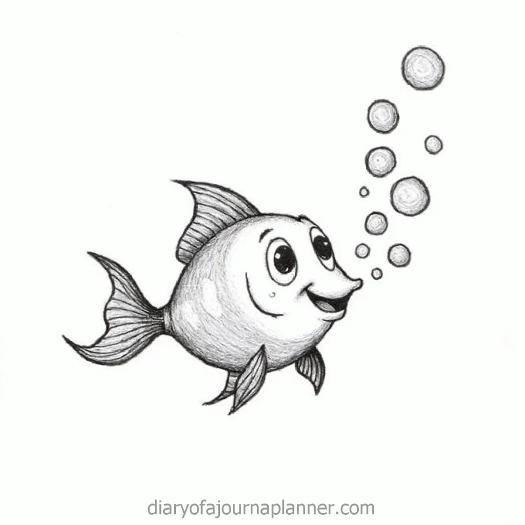 Smiling cartoon fish blowing bubbles in a playful underwater scene, drawn in black and white sketch style.