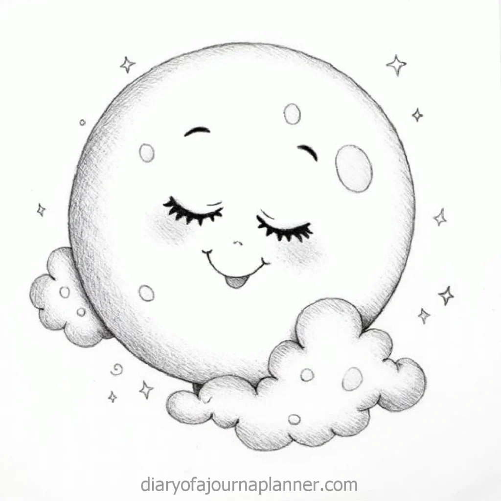Smiling moon drawing surrounded by clouds and stars, featuring a peaceful expression.