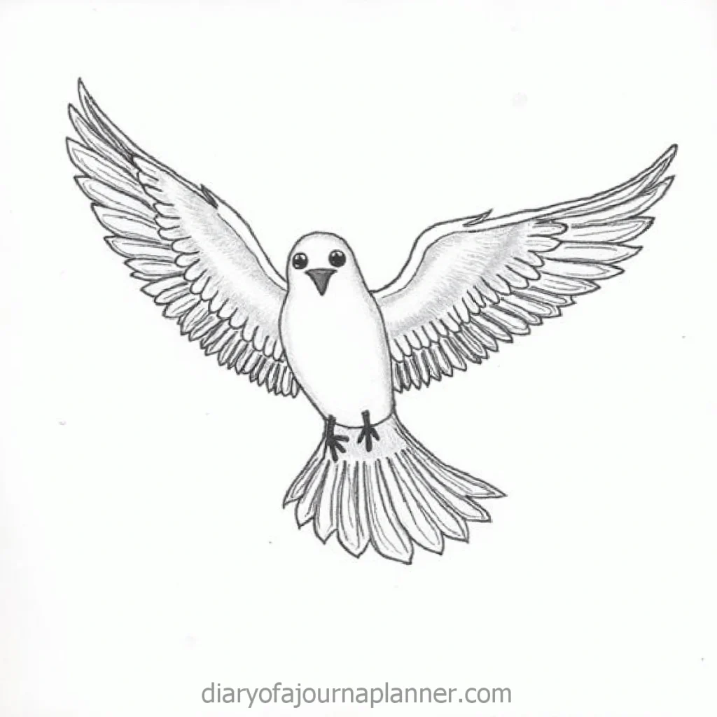 Simple black and white sketch of a dove in flight with wings spread wide, against a plain background.