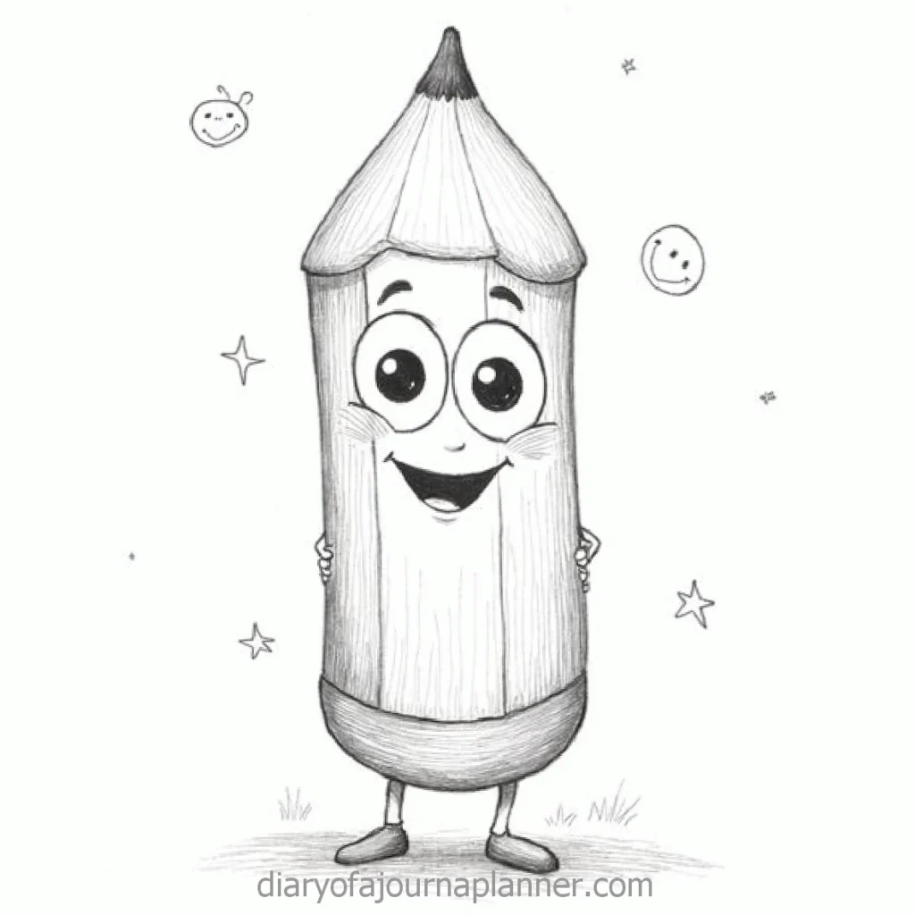 Cartoon pencil character smiling with stars and smiley doodles in the background, black and white sketch.