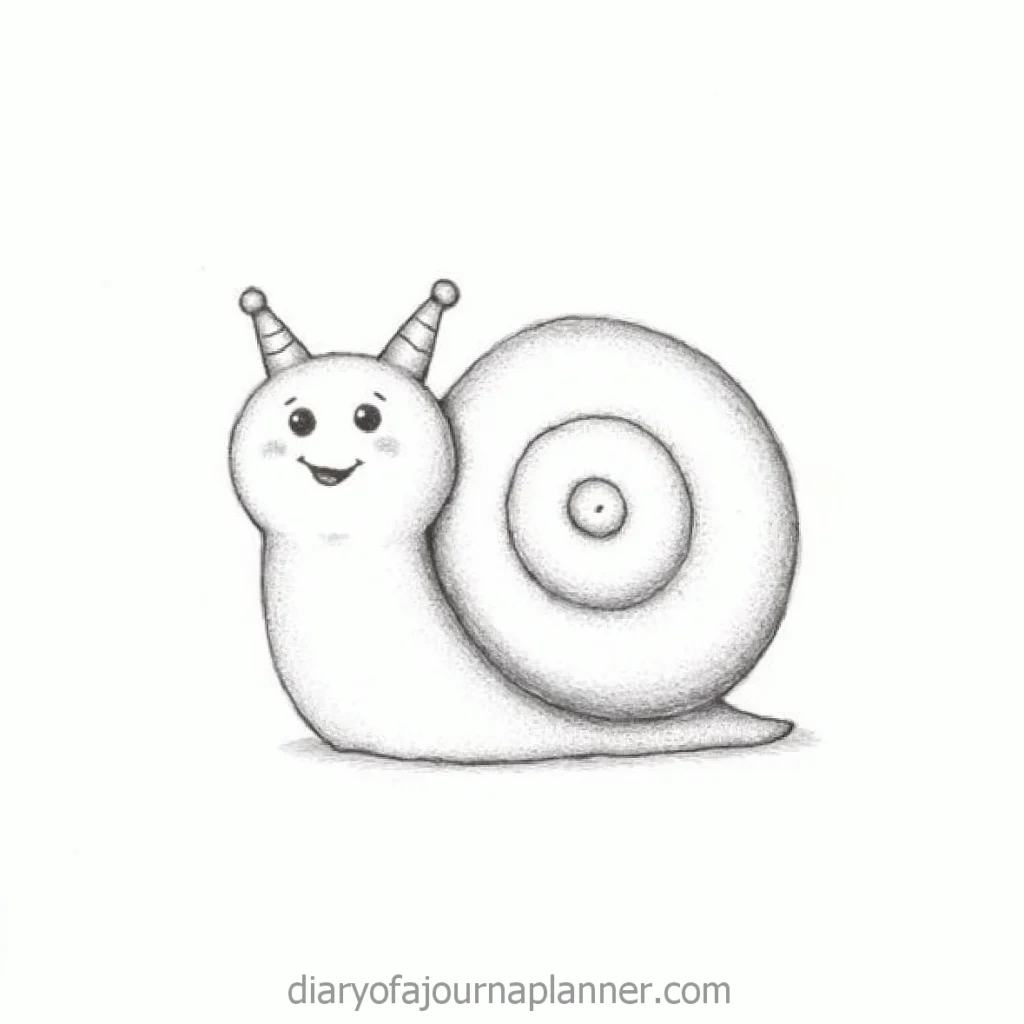 Cute cartoon snail with spiral shell and smiling face, wearing cone party hats. Detailed sketch on a white background.