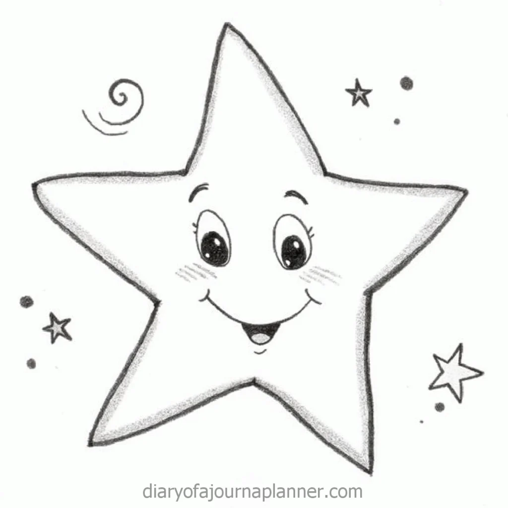 Smiling cartoon star illustration with whimsical details and surrounding stars.