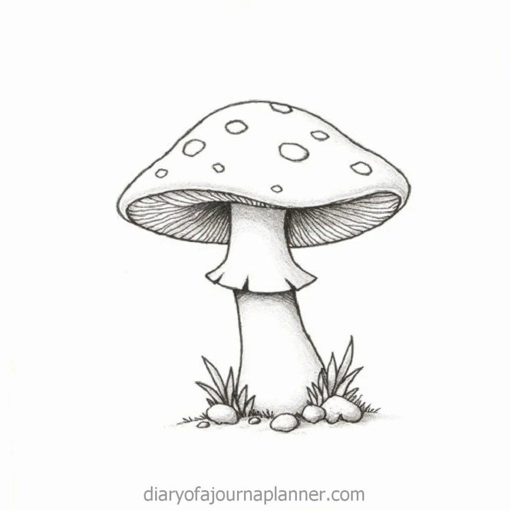 Sketch of a mushroom with polka dots and grass, ideal for coloring or drawing practice.