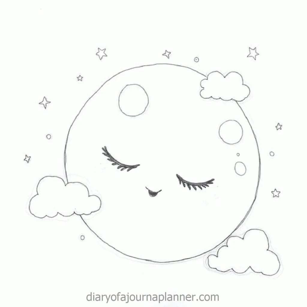 Smiling moon with closed eyes, surrounded by stars and clouds, simple doodle illustration.