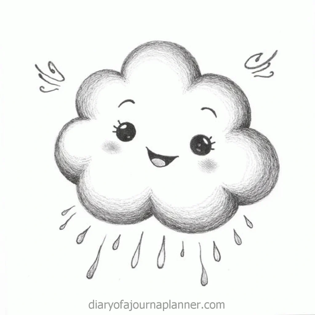 Smiling cartoon cloud with raindrops, black and white sketch, cute and cheerful illustration.