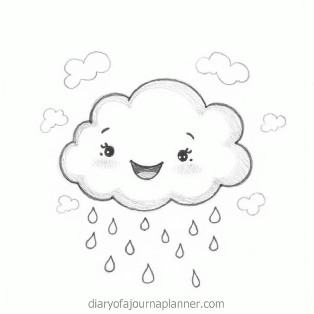 Smiling cartoon cloud with raindrops and smaller clouds, hand-drawn in pencil. Cute and cheerful weather illustration.