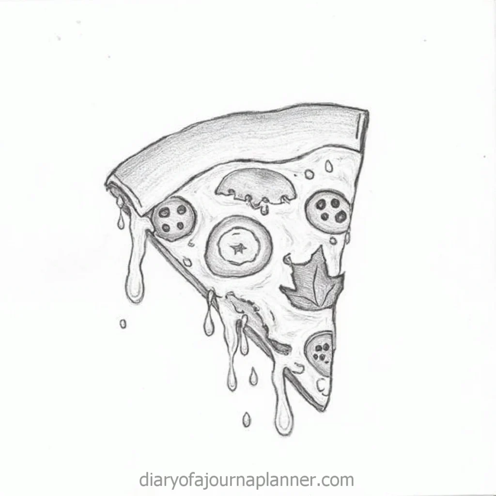 Pencil drawing of a dripping pizza slice with pepperoni, mushrooms, and basil leaves on a white background.