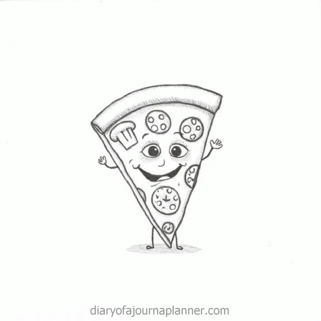 Smiling cartoon pizza slice with eyes, arms, and assorted toppings, waving happily in black-and-white sketch.