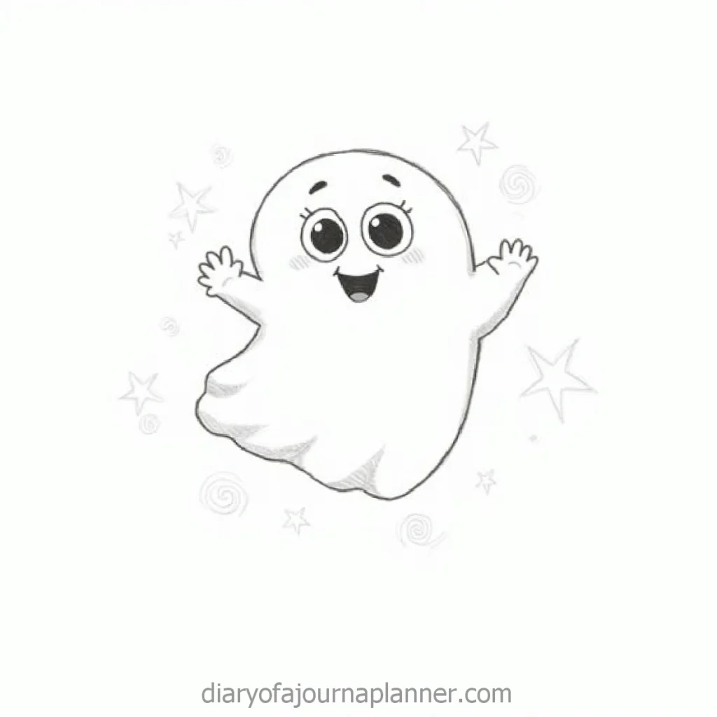 Cute cartoon ghost with big eyes and a smile floating among stars and swirls on a white background.