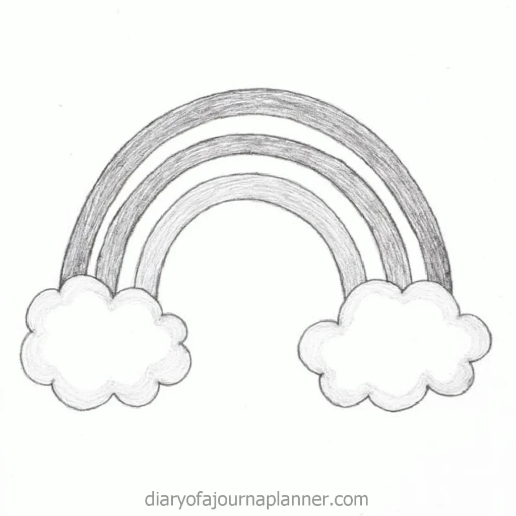Hand-drawn rainbow with clouds sketch; simple black and white illustration.