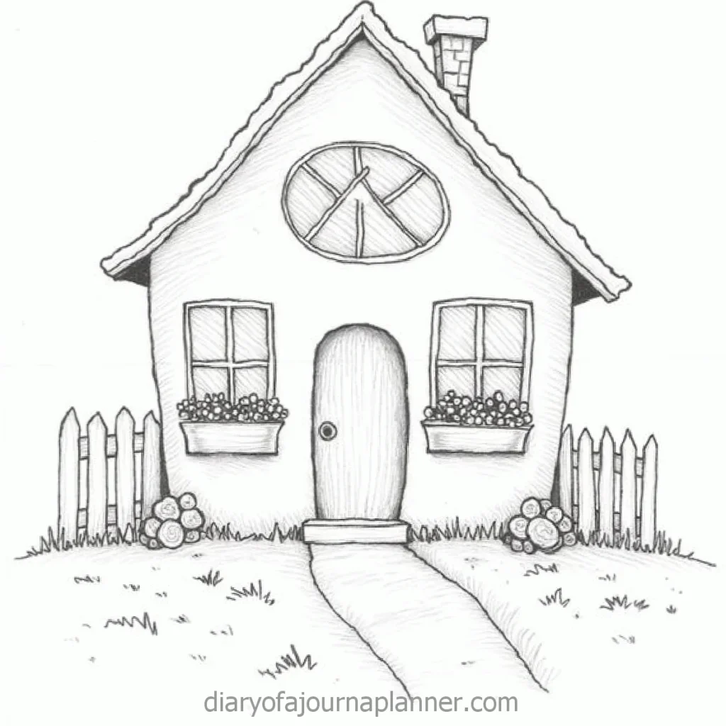 Black and white drawing of a quaint house with flowers, a chimney, and a picket fence.