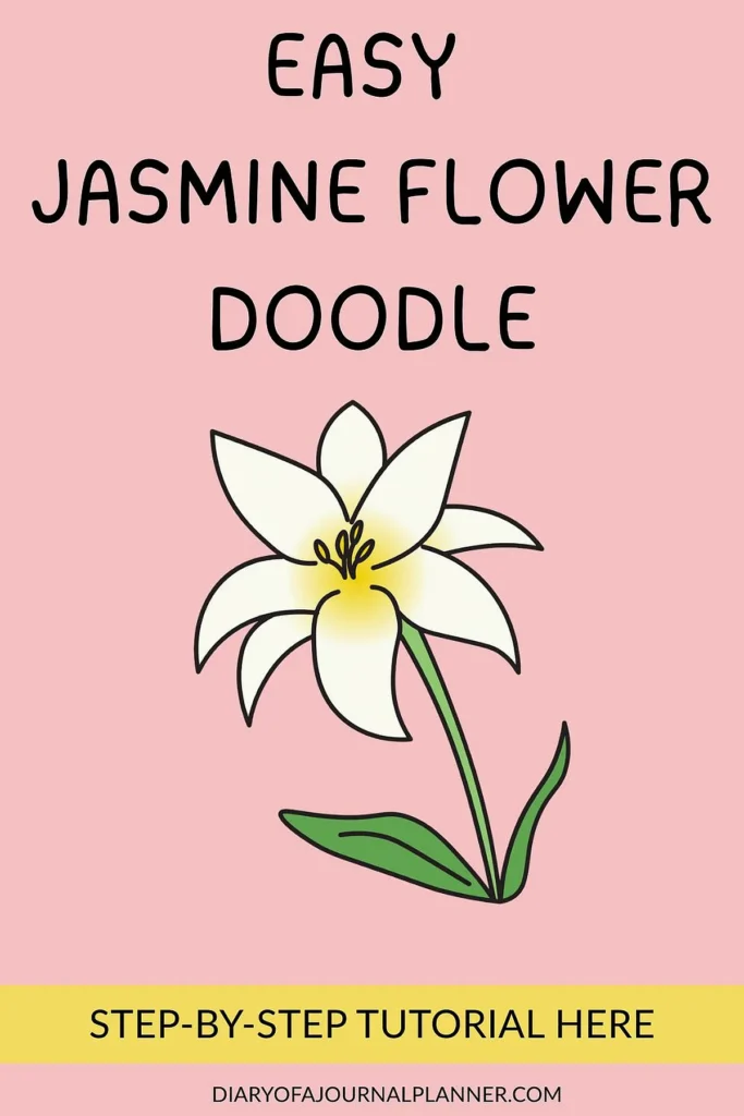 Easy jasmine flower doodle illustration with step-by-step guide on a pink background.