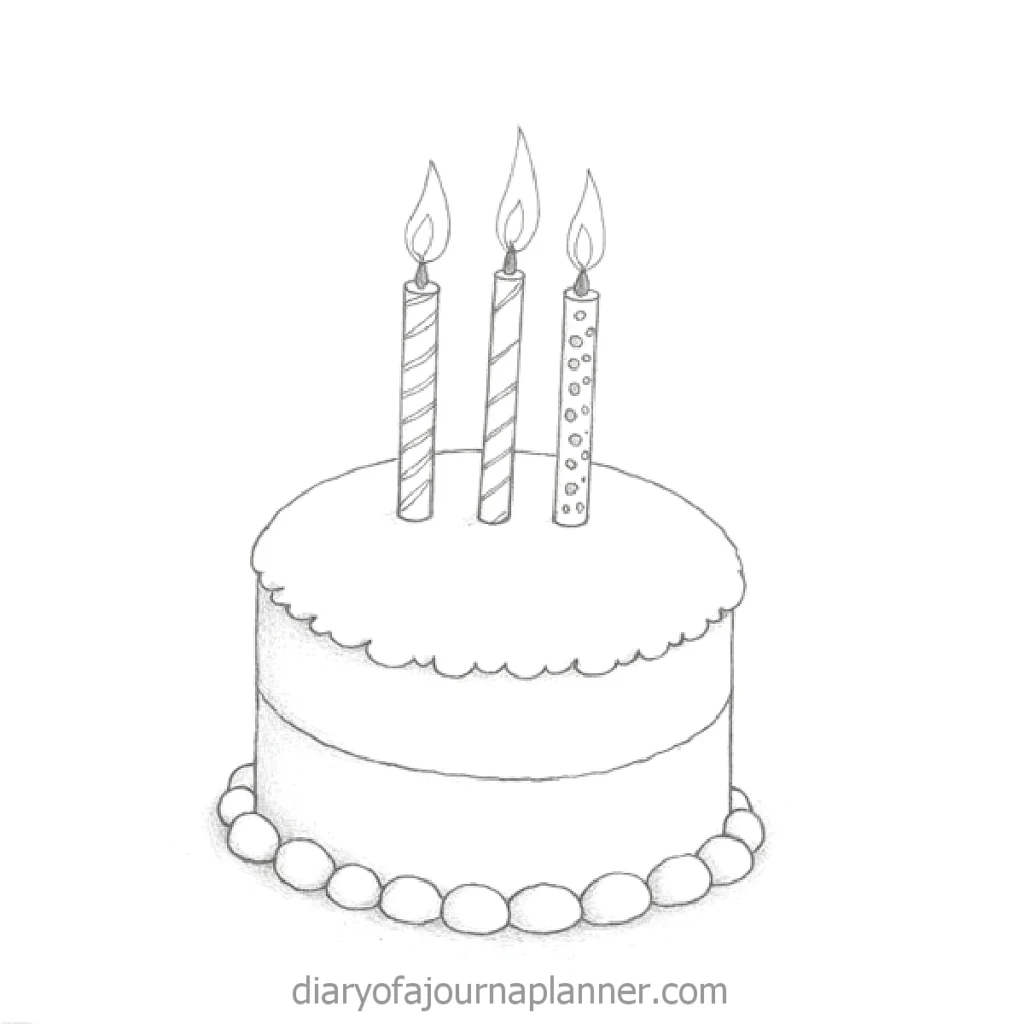 Sketch of a birthday cake with three lit candles, decorated with icing and a pearl-like base trim.