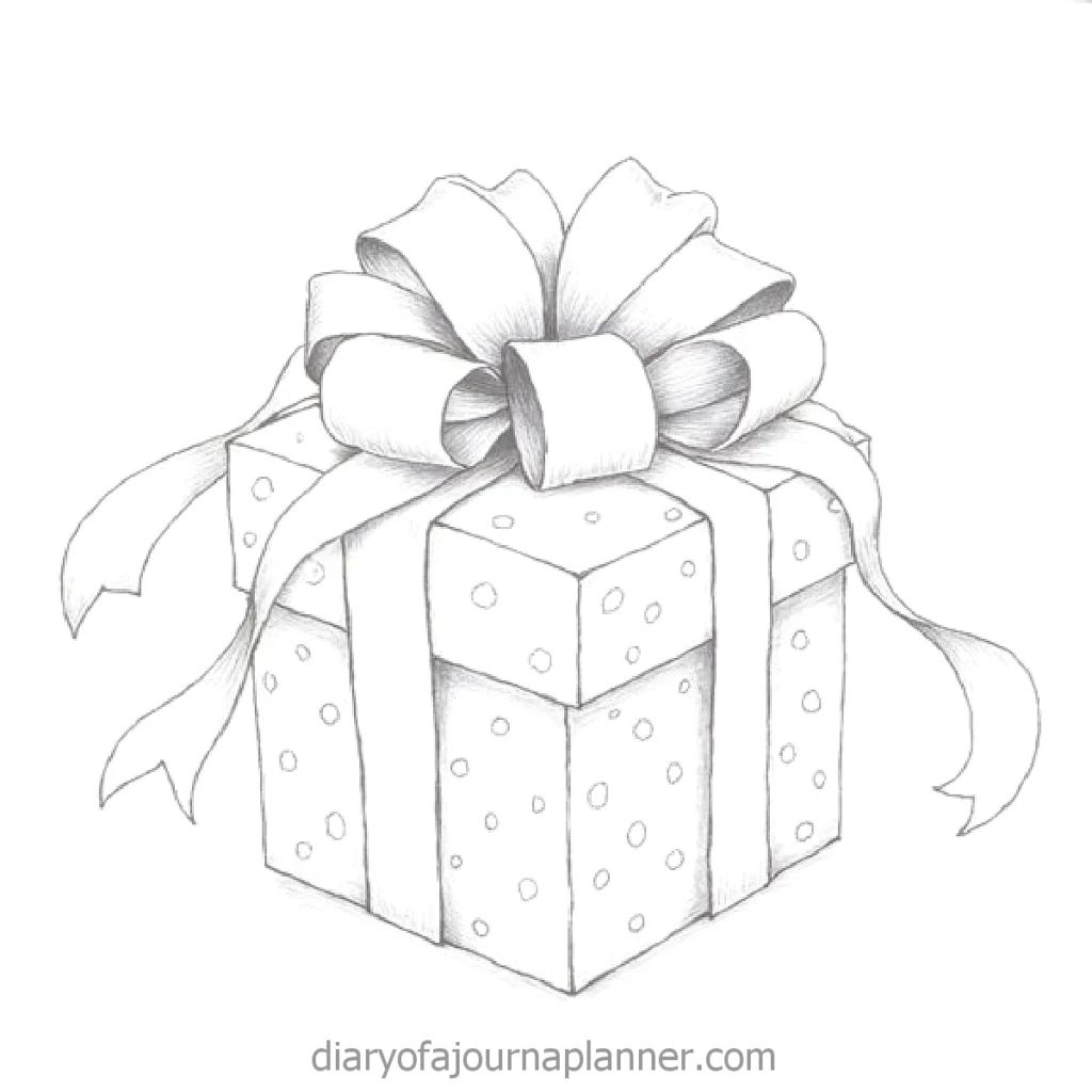 Hand-drawn gift box with polka dot wrapping and a large ribbon bow, perfect for celebrations and holidays.