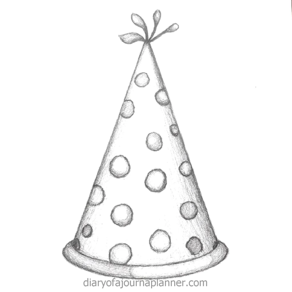 Illustrated polka dot party hat with top decoration, sketch drawing. Perfect for birthdays and celebrations.