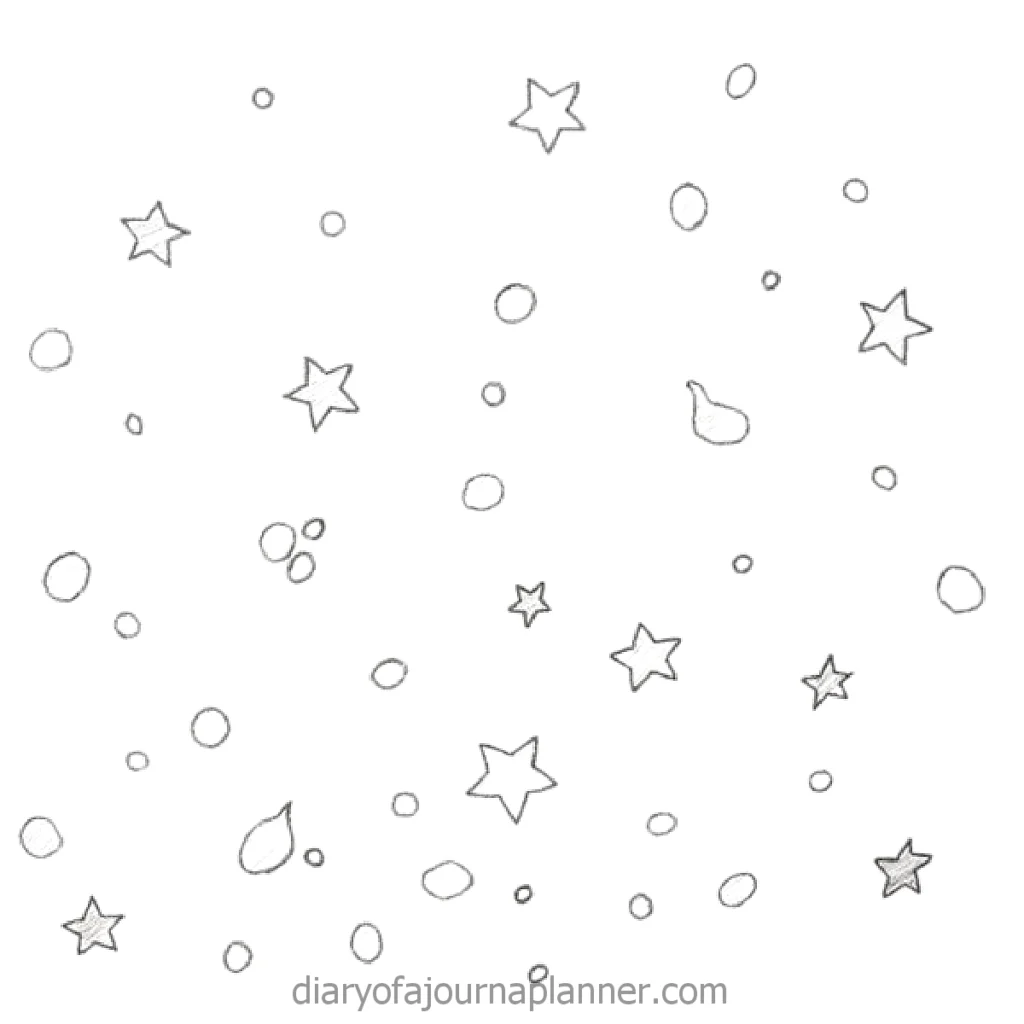 Hand-drawn stars and circles pattern in black and white. Simple doodle art.