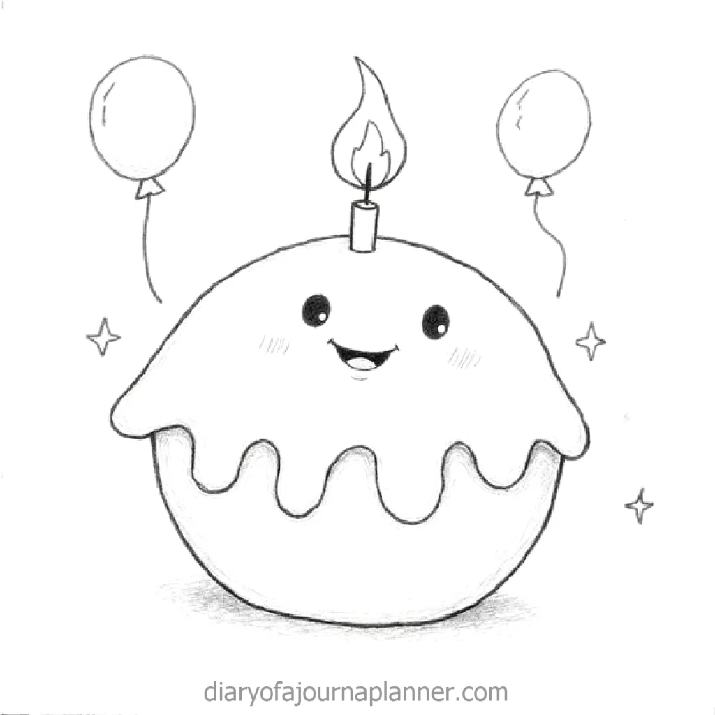 Cute cupcake drawing with smiling face, candle, and balloons, perfect for birthday celebrations and party themes.