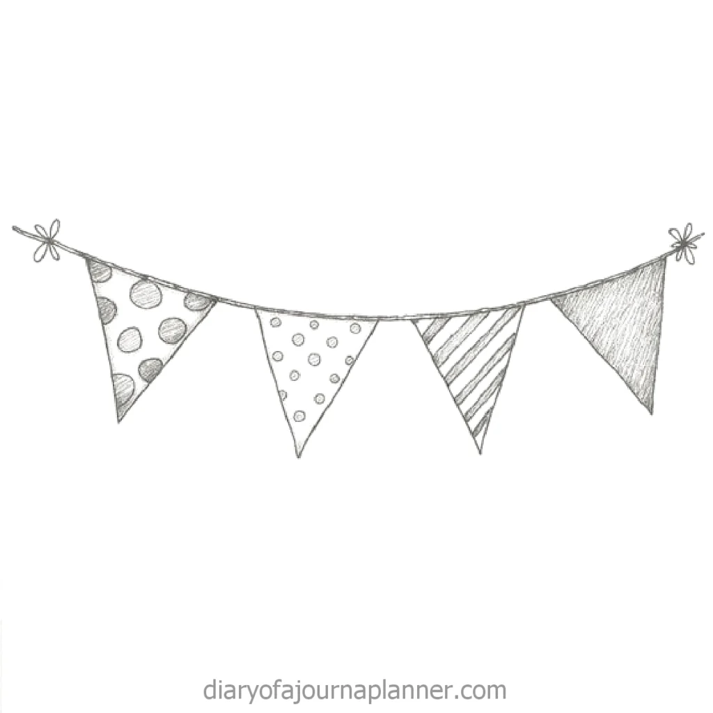 Hand-drawn bunting flags with various patterns, including dots and stripes, on a string.