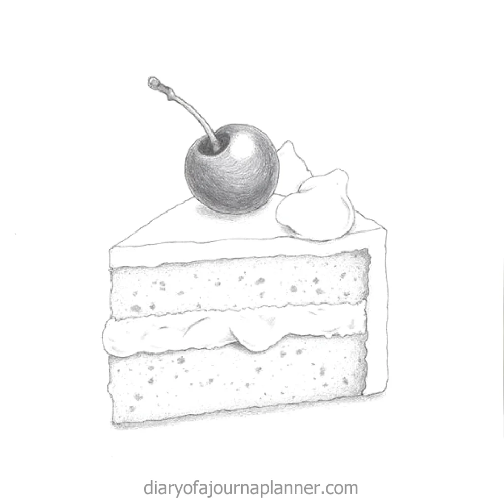 Sketch of a cake slice with whipped cream and a cherry on top, detailed pencil drawing.