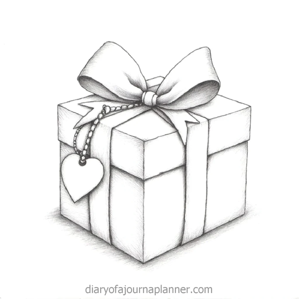 Sketched gift box with ribbon and heart tag, perfect for celebrations and special occasions.
